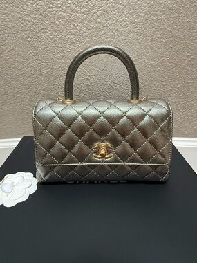 BNIB CHANEL Small Quilted Coco Handle Metallic Silver with Gold Hardware
